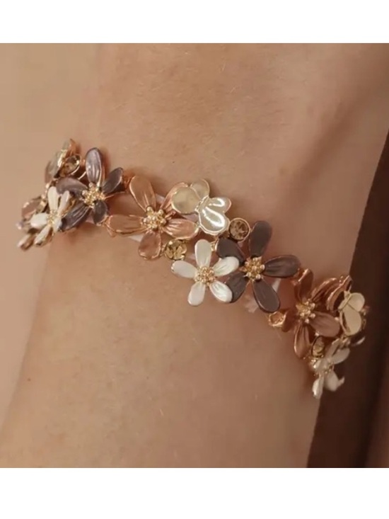 Jewelry - Brown Neutral Flower Crystal Butterfly Gold Toned Stretch Bracelet